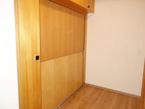 a closet with a wooden door in a room at Cozy apartment for groups in Veysonnaz