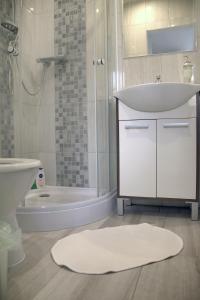 een badkamer met een wastafel, een toilet en een douche bij 24 hour-Self Check-in Apartment Námestie Svätého Egídia in Poprad
