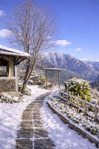 a snow covered path in front of a house at Tri peak Cottage in Jibhi