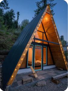 a small house with a roof with lights on it at Tri peak Cottage in Jibhi