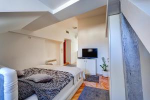 1 dormitorio con 1 cama y TV de pantalla plana en Apartments Selfie Belgrade Central, en Belgrado