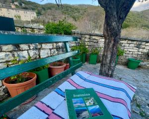 a book sitting on a bench next to a tree at Xenonas Achnoulas in Ano Pedina