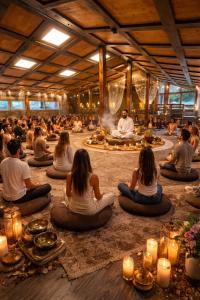 a group of people sitting on the floor in meditation at POARTA PADINA, statiunea Pestera-Padina, Bucegi in Moroeni