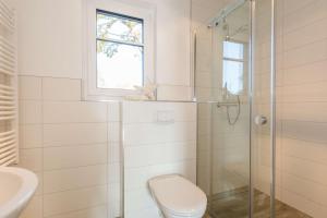 a bathroom with a toilet and a glass shower at Boddenbrise in Bresewitz +13 photos