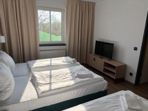 a hotel room with two beds and a television at ARC Hotel in Halle an der Saale