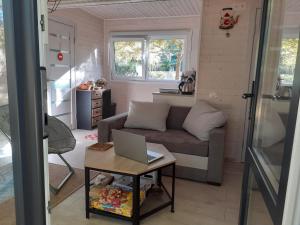a living room with a couch and a laptop on a table at Chalet dans le camping l'Orée des Landes à Onesse et Laharie in Onesse-et-Laharie