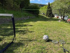 a soccer ball on the grass next to a goal at Chalupa ALMA in Žacléř