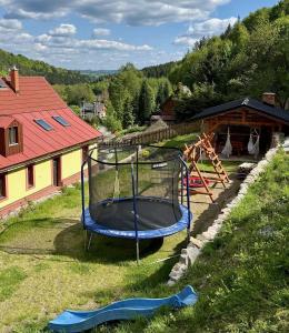 an empty trampoline in the grass in a yard at Chalupa ALMA in Žacléř