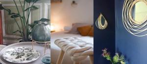 two pictures of a room with a table and a mirror at Villa Colombier in Pontgibaud