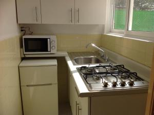 une cuisine avec une cuisinière, un évier et un micro-ondes dans l'établissement Sunny Apartment Narvarte, à Mexico 13 autres photos