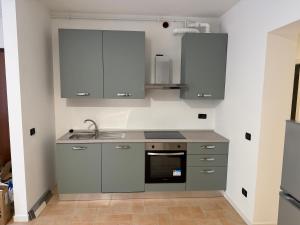 a kitchen with gray cabinets and a sink at Casa ajolote in Cunardo