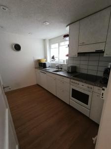 a kitchen with white appliances and a wooden floor at Apartment on 2 floors in Stäfa