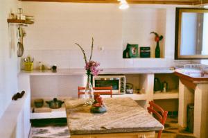 a kitchen with a table with a vase of flowers on it at Apple Orchard Pelion in Volos +9 photos