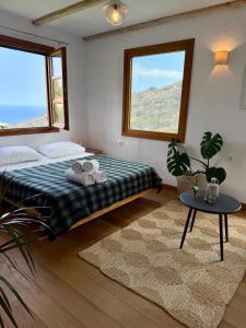 a bedroom with a bed and two windows at Apple Orchard Pelion in Volos