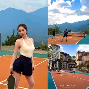 four pictures of a woman playing tennis on a tennis court at Sapa Lumia Hotel in Sapa