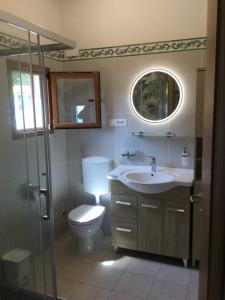 a bathroom with a toilet and a sink and a mirror at Cottage Casa Gina - Goelba in Capoliveri +19 photos