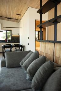 a living room with a couch with pillows at Moho in Yablunytsya