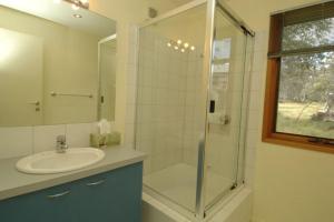 a bathroom with a sink and a glass shower at Blue Sky Lodge in Dinner Plain