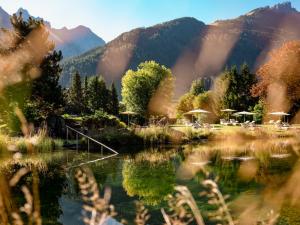 Blick auf einen See mit Bergen im Hintergrund in der Unterkunft Forster's Naturresort in Neustift im Stubaital