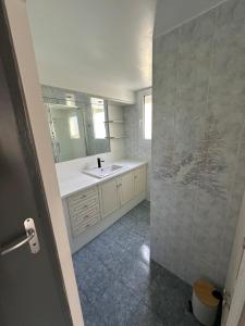a bathroom with a sink and a mirror at Maison les Boites in La Chapelle-Rousselin