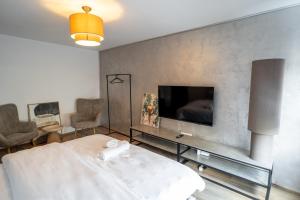 a bedroom with a bed and a flat screen tv at Ovideli Apartment in Ocna-Mureşului