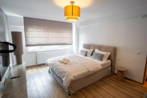 a bedroom with a large bed with a window at Ovideli Apartment in Ocna-Mureşului