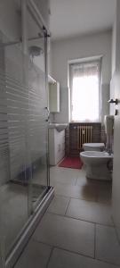 a bathroom with a shower and a toilet and a window at Alloggio Tommy in Biella +12 photos
