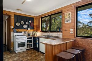a kitchen with a stove and a sink and some windows at Lady Marmalade in Blackheath