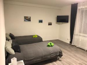 a bedroom with two beds and a flat screen tv at Easy Stay Monteurswohnung in Geislingen an der Steige