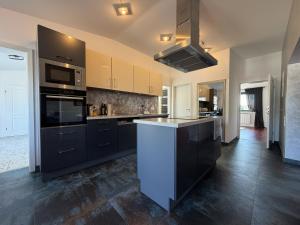a kitchen with black cabinets and a stove top oven at Cityscape Loft Hannover - 216qm 15 Personen in Hannover
