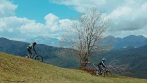 two people riding bikes on a hill with a tree at Wulfenia Hotel & Spa in Kolašin