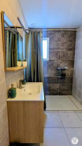 a bathroom with a sink and a shower at Le Refuge de Coccinette in Essey +14 photos