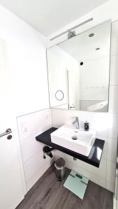a bathroom with a sink and a mirror at PONTUS Ferienwohnung FeWo 1 in Zislow