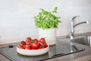 a bowl of tomatoes on a counter with a potted plant at Hausboot "Mien Schipp" mit Sonnendeck im Yachthafen in Fehmarn