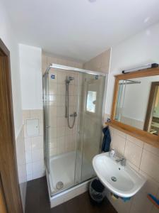 a bathroom with a shower and a sink at Fewo 4 in Markkleeberg +10 photos