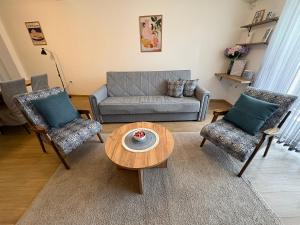 a living room with a couch and two chairs and a table at Apartman Jančić in Loznica +42 photos