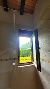 a window in a bathroom with a view of a field at La Casuca in Celucos +24 photos