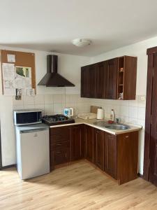 a kitchen with wooden cabinets and a white refrigerator at Dolina Obiecana in Kalnica