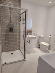 a bathroom with a shower and a toilet and a sink at Nouveau - Maison de charme - Centre de Bourdeilles in Brantome en Perigord +15 photos