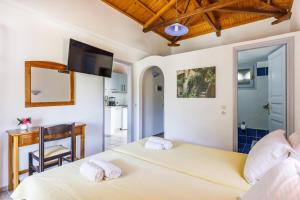 a bedroom with two beds and a desk and a television at Artemis Bungalows in Stafylos +42 photos