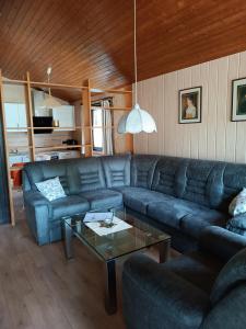 a living room with a blue couch and a table at Ferienhaus Katzenbuckelblick in Waldbrunn
