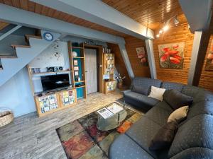 a living room with a couch and a television at Ferienhaus Schneekristall in Waldbrunn