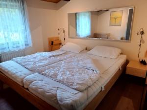 a large bed in a bedroom with a mirror at Ferienhaus Romantikruhe in Waldbrunn