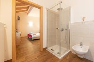 a bathroom with a shower and a toilet and a sink at Hotel Chalet Serena in Roncegno +67 photos