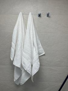 two white towels hanging on a wall in a bathroom at Hernández Central Park in Melilla +32 photos