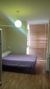 a bedroom with a purple bed in a room with a window at Apartamentos Ria de Foz in Foz