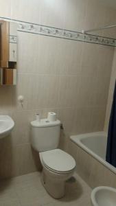 a bathroom with a toilet and a sink and a tub at Apartamentos Ria de Foz in Foz