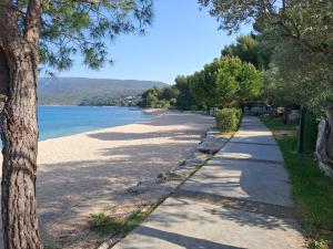 a sidewalk next to a beach with trees and water at Gavza Luna Apartment in Cres
