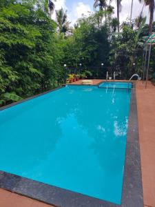 a large blue swimming pool with trees in the background at Golden cypress resort with pool in Vythiri
