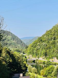 a view of a river with a bridge and mountains at Mountain Holiday Homes in Kostel +2 photos